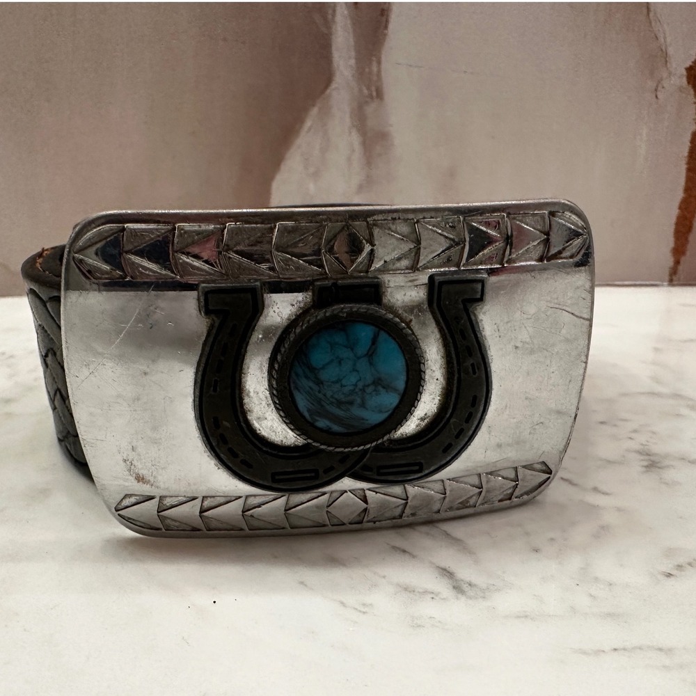 Vintage Western Braided Leather Belt 38 Horseshoe Turquoise Buckle USA Made